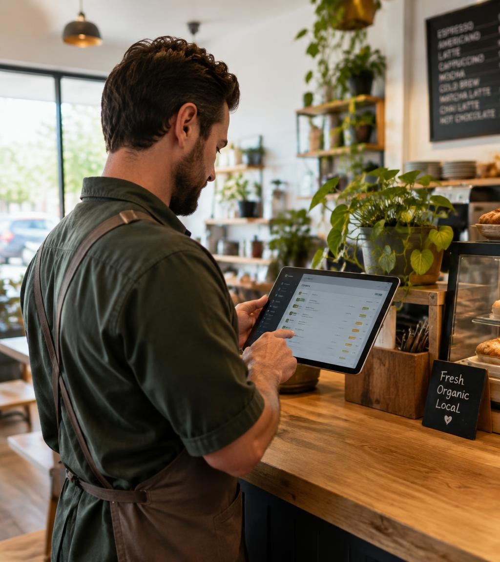 Restaurant owner using a tablet to manage orders at the counter