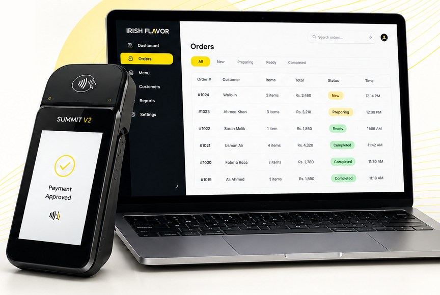 Irish Flavours order dashboard on a laptop with a Summit V2 payment terminal showing Payment Approved