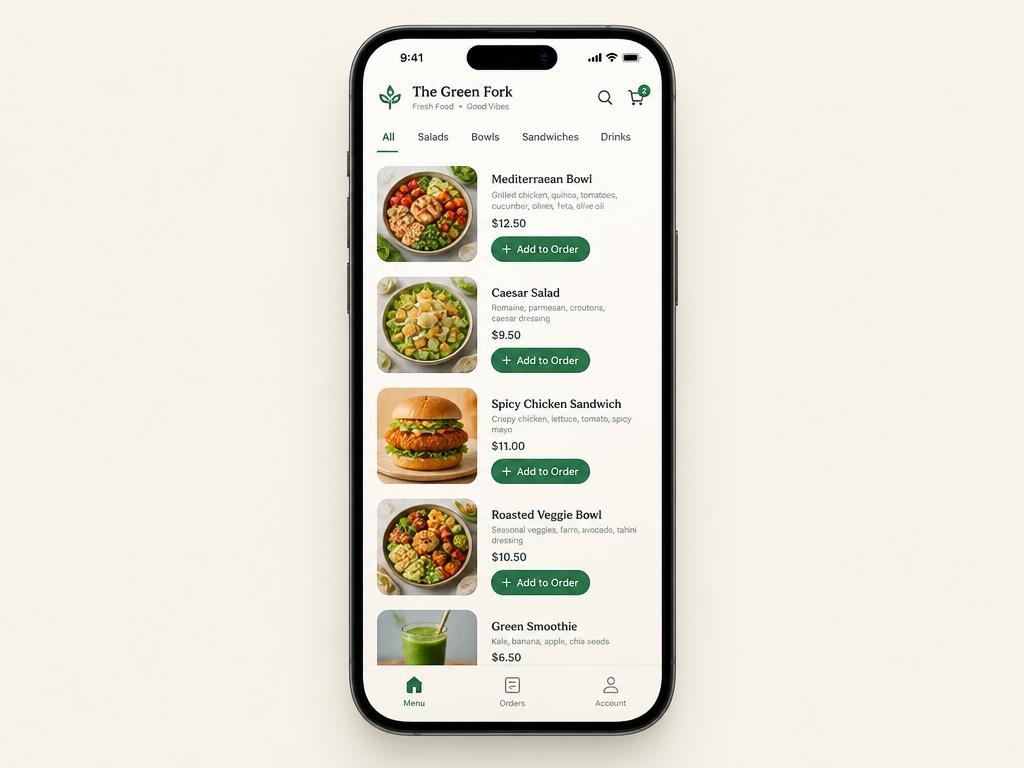 Restaurant ordering app on a phone showing a menu